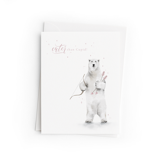 Greeting card with a polar bear holding bow and arrows on a white background