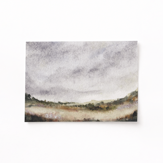 Abstract landscape painting with earthy tones on a white background