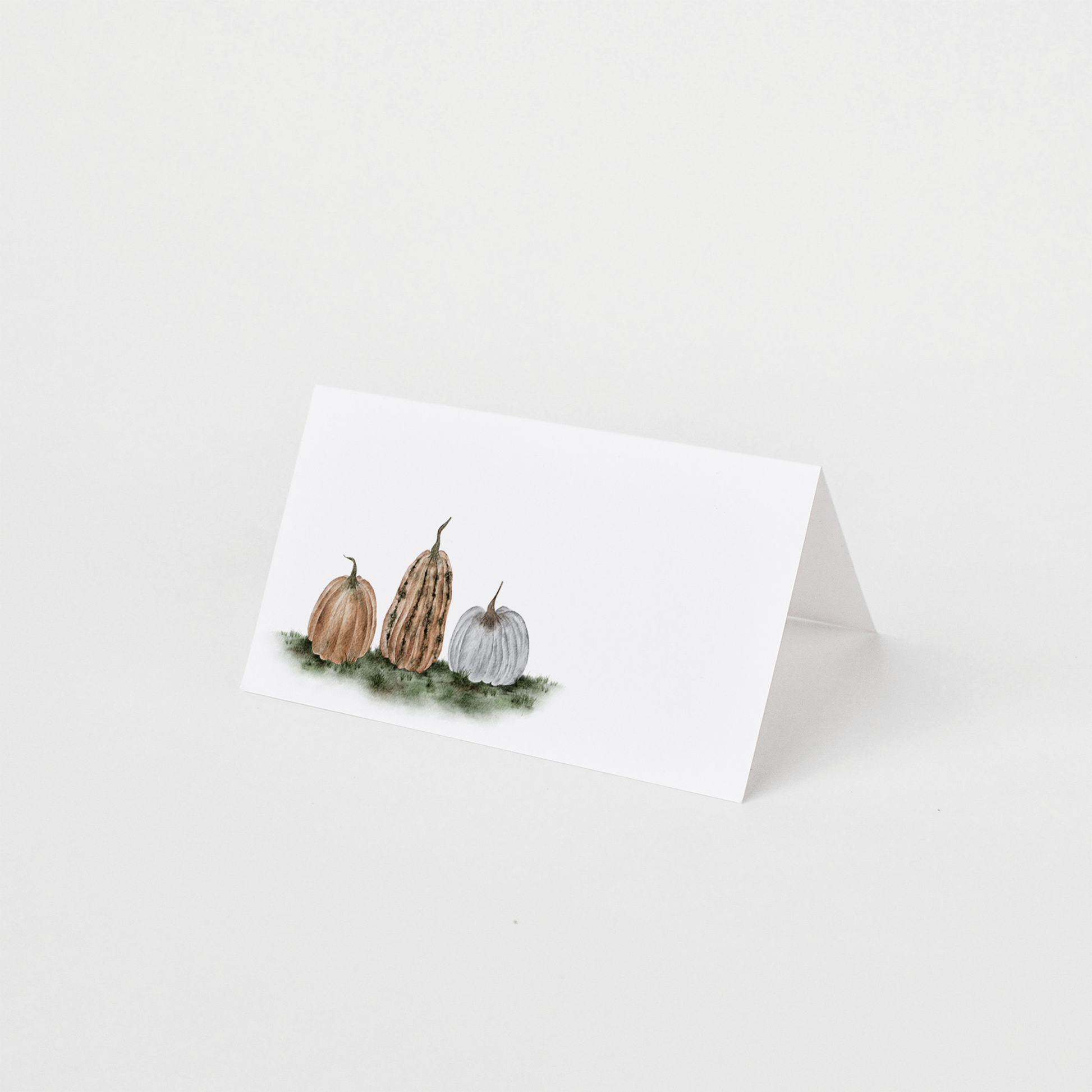 Folded place card with pumpkin illustrations on a white background