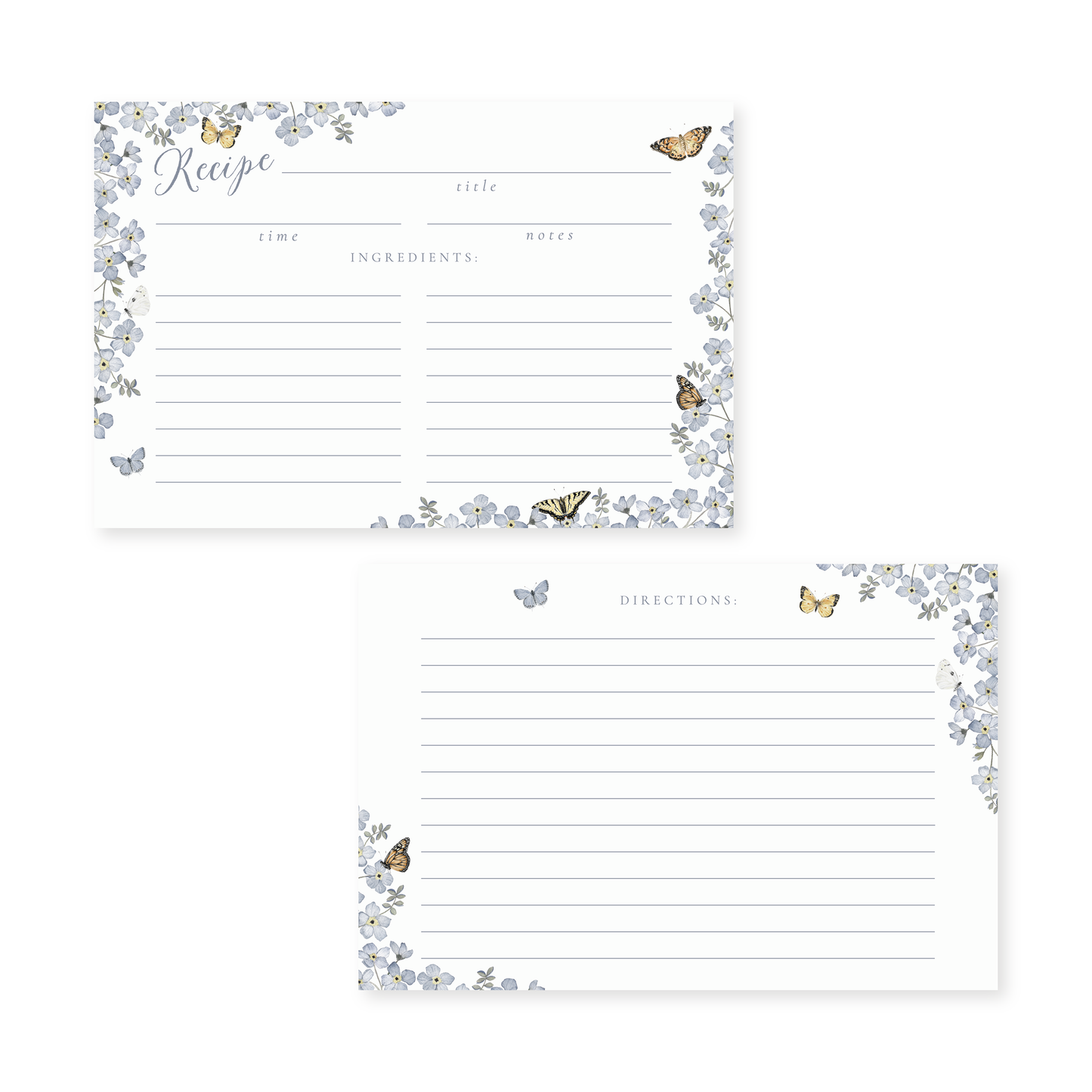 Recipe cards with floral and butterfly designs on a white background