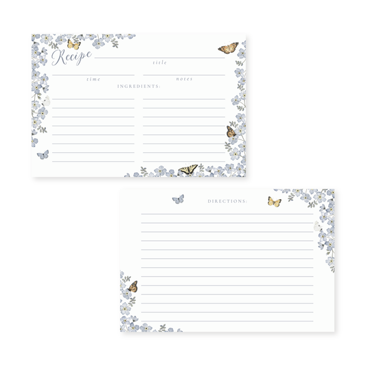 Recipe cards with floral and butterfly designs on a white background