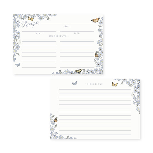 Set of 8 recipe cards featuring watercolor illustrations of forget-me-not wildflowers and butterflies