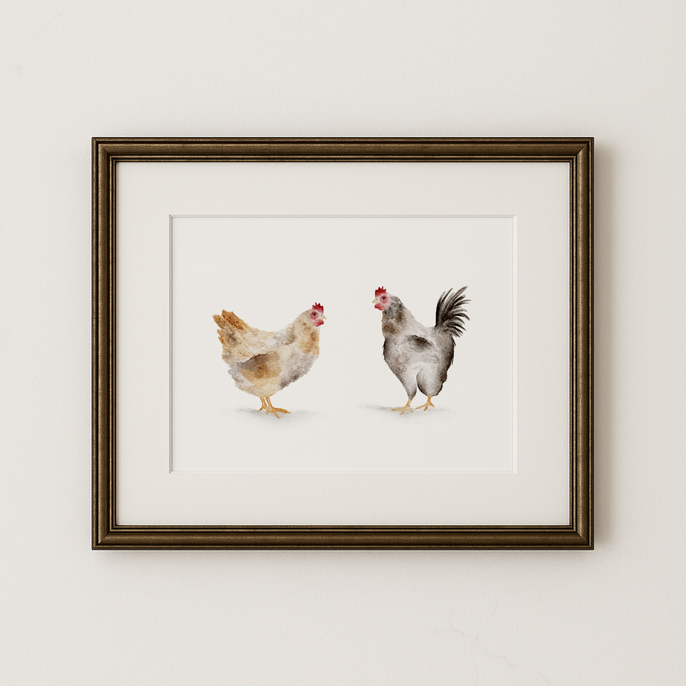 Framed artwork of two chickens on a white background