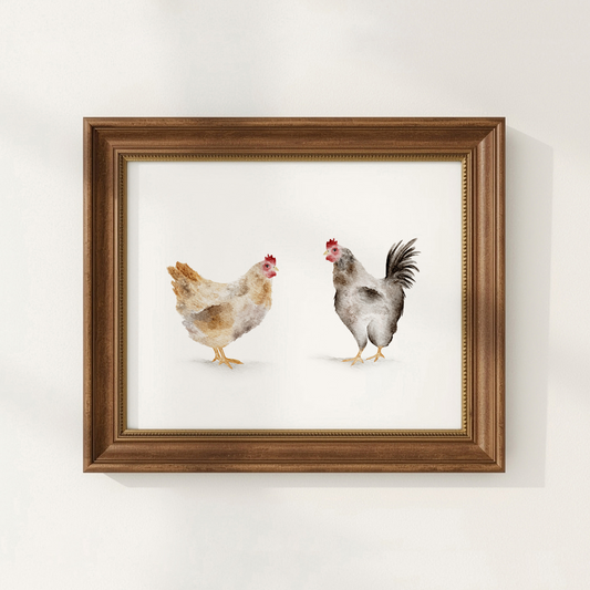 Framed artwork of two chickens on a white background