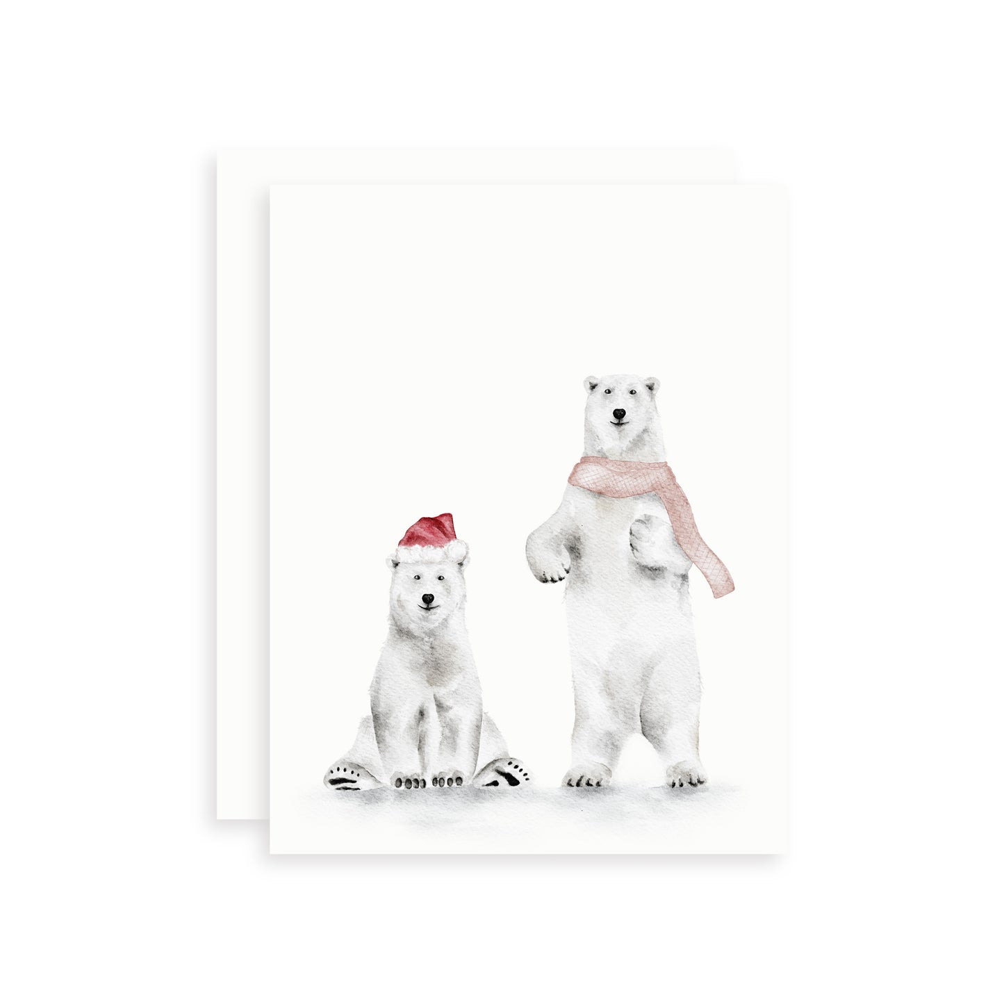 Simple holiday card of two watercolor polar bears, one wearing a red hat and the other a pink scarf, on a white background.