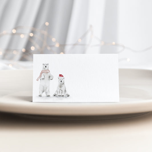 Holiday folded place card set of 12 featuring a watercolor polar bears.