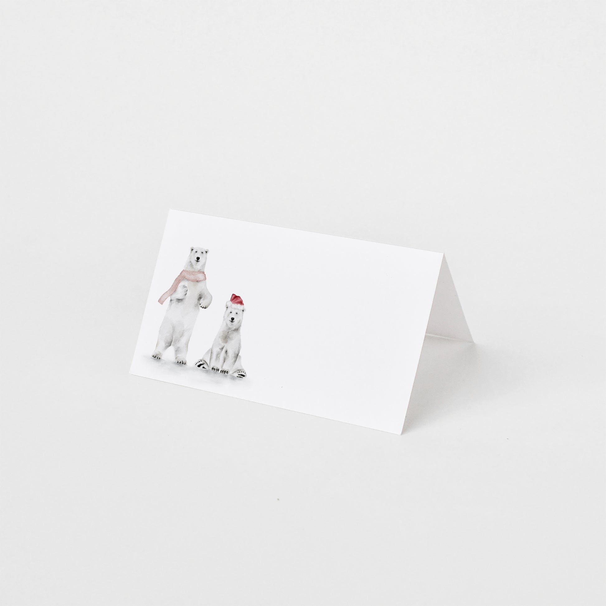 Holiday folded place card set of 12 featuring a watercolor polar bears.