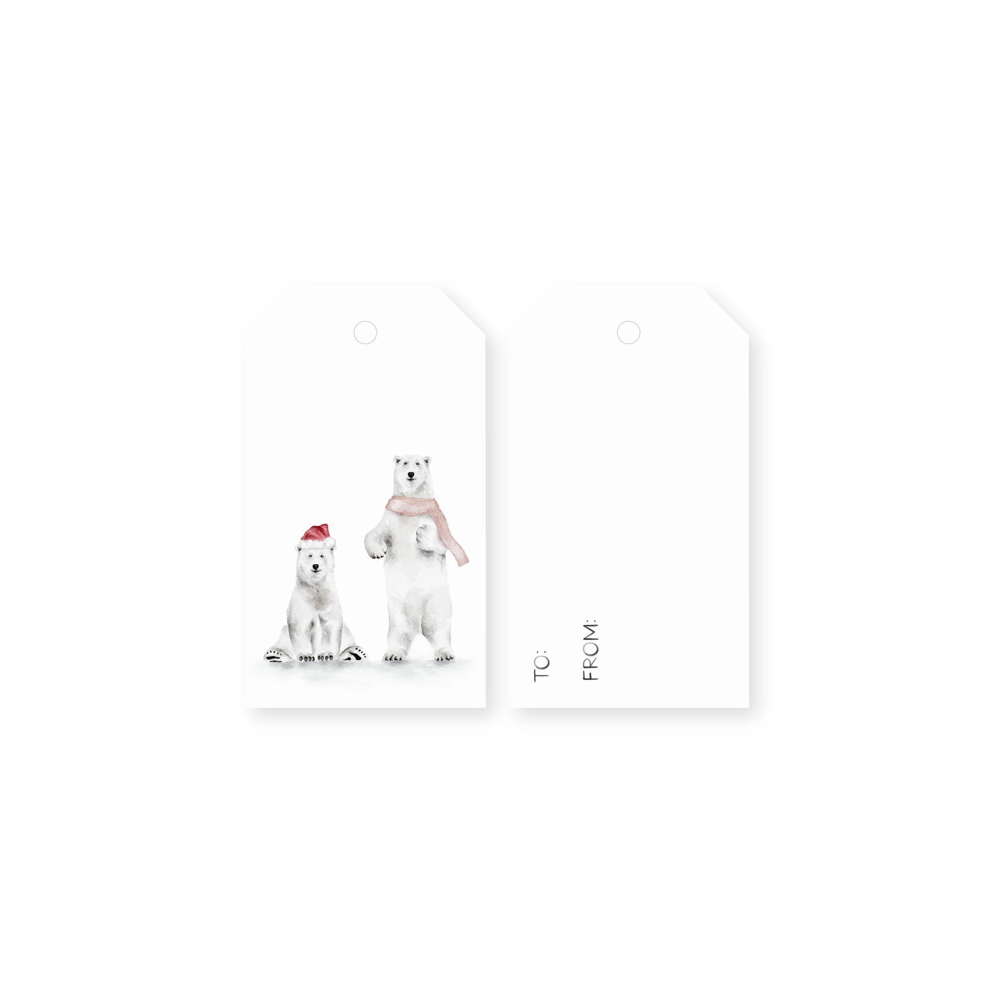 Gift tags featuring two holiday polar bears on a white background