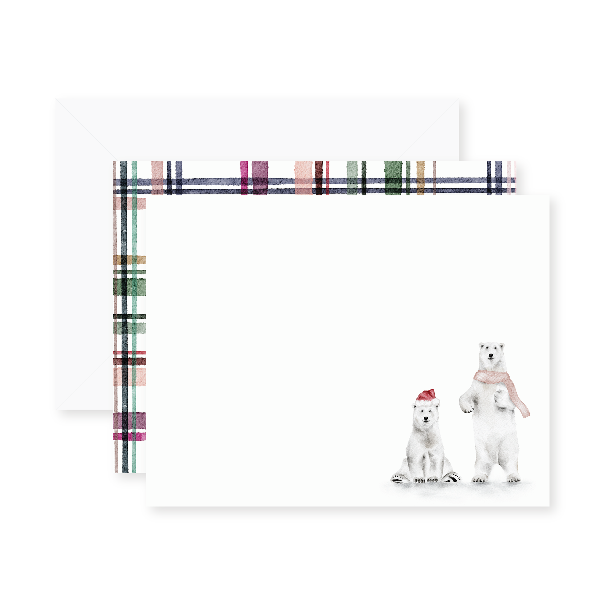 Stationery set with polar bear notecards and a watercolor plaid design on the back, with white envelopes