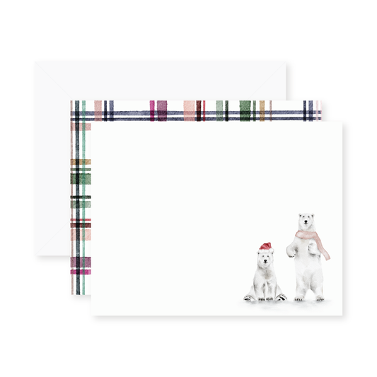 Stationery set with polar bear notecards and a watercolor plaid design on the back, with white envelopes