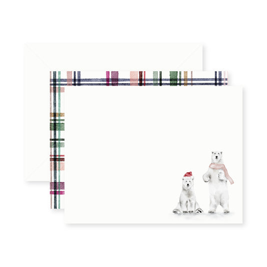 Boxed holiday stationery set featuring watercolor polar bears and watercolor plaid pattern details.