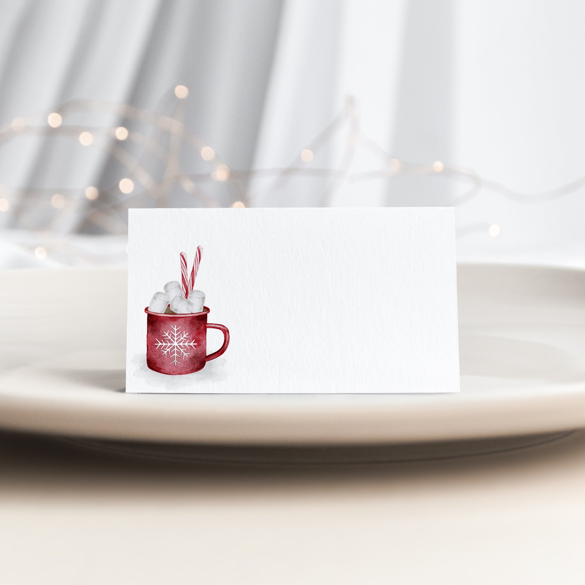 Holiday folded place card set of 12 featuring a watercolor hot cocoa mug illustration.