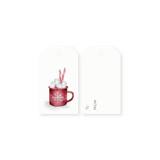 Set of 10 watercolor gift tags with a red mug of hot chocolate featuring a snowflake design on a white background.