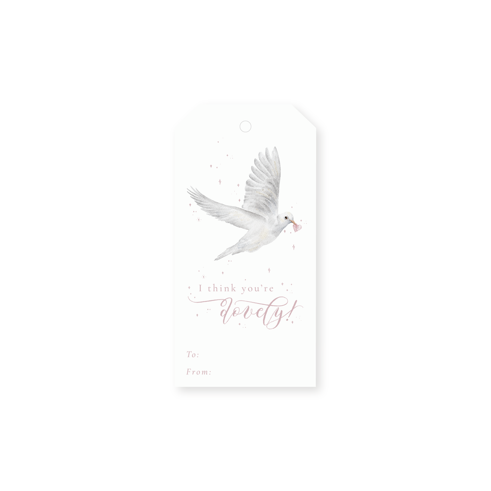 Gift tag with a dove holding a heart illustration and text on a white background