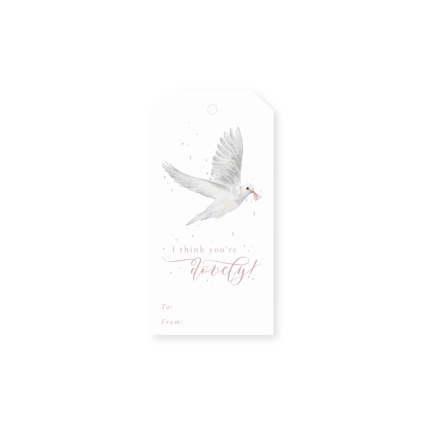 Gift tag with a dove holding a heart illustration and text on a white background
