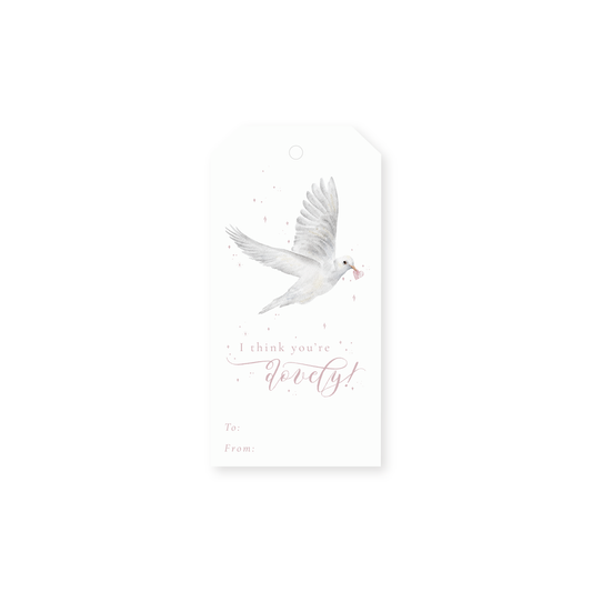 Gift tag with a dove holding a heart illustration and text on a white background
