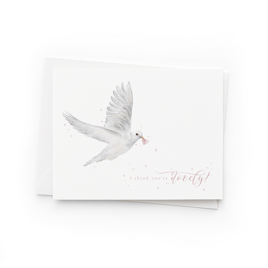 White greeting card with a flying dove illustration and text on a white background