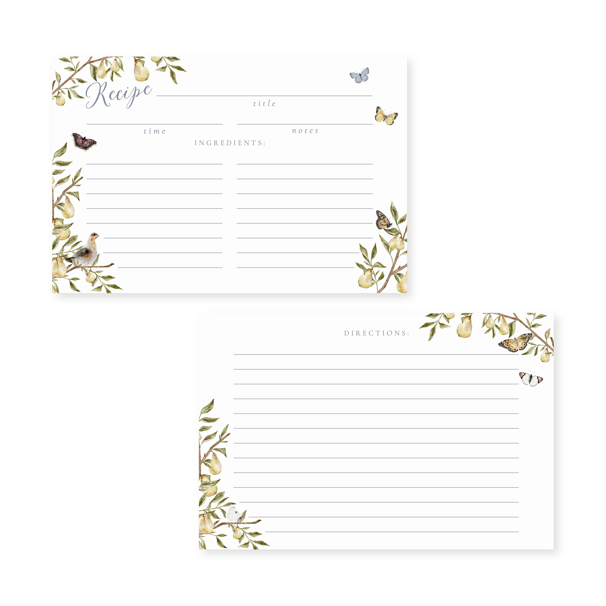 Recipe cards with decorative borders of pears and greenery and butterflies on a white background