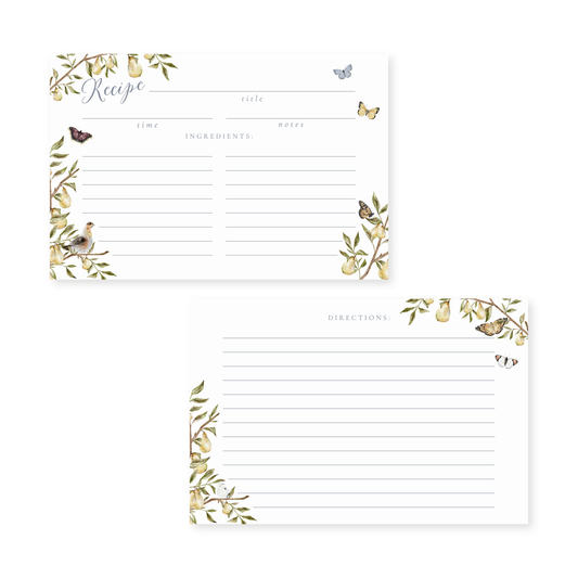 Recipe cards with decorative borders of pears and greenery and butterflies on a white background