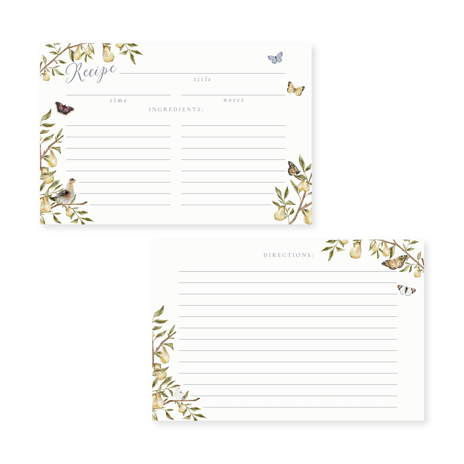 Set of 8 recipe cards featuring watercolor illustrations of pears, greenery, and butterflies