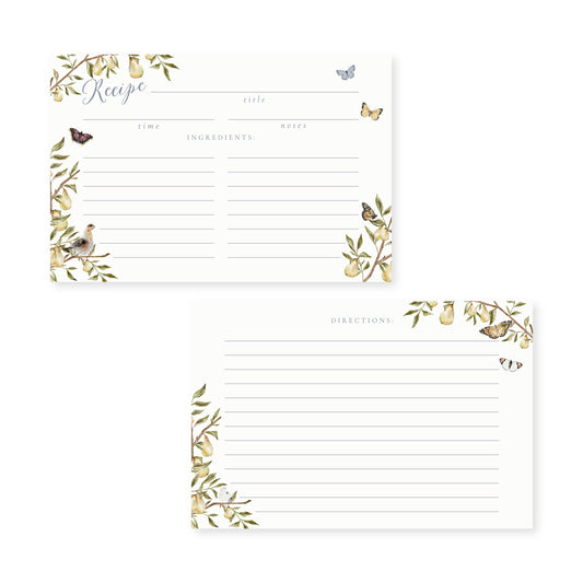Set of 8 recipe cards featuring watercolor illustrations of pears, greenery, and butterflies