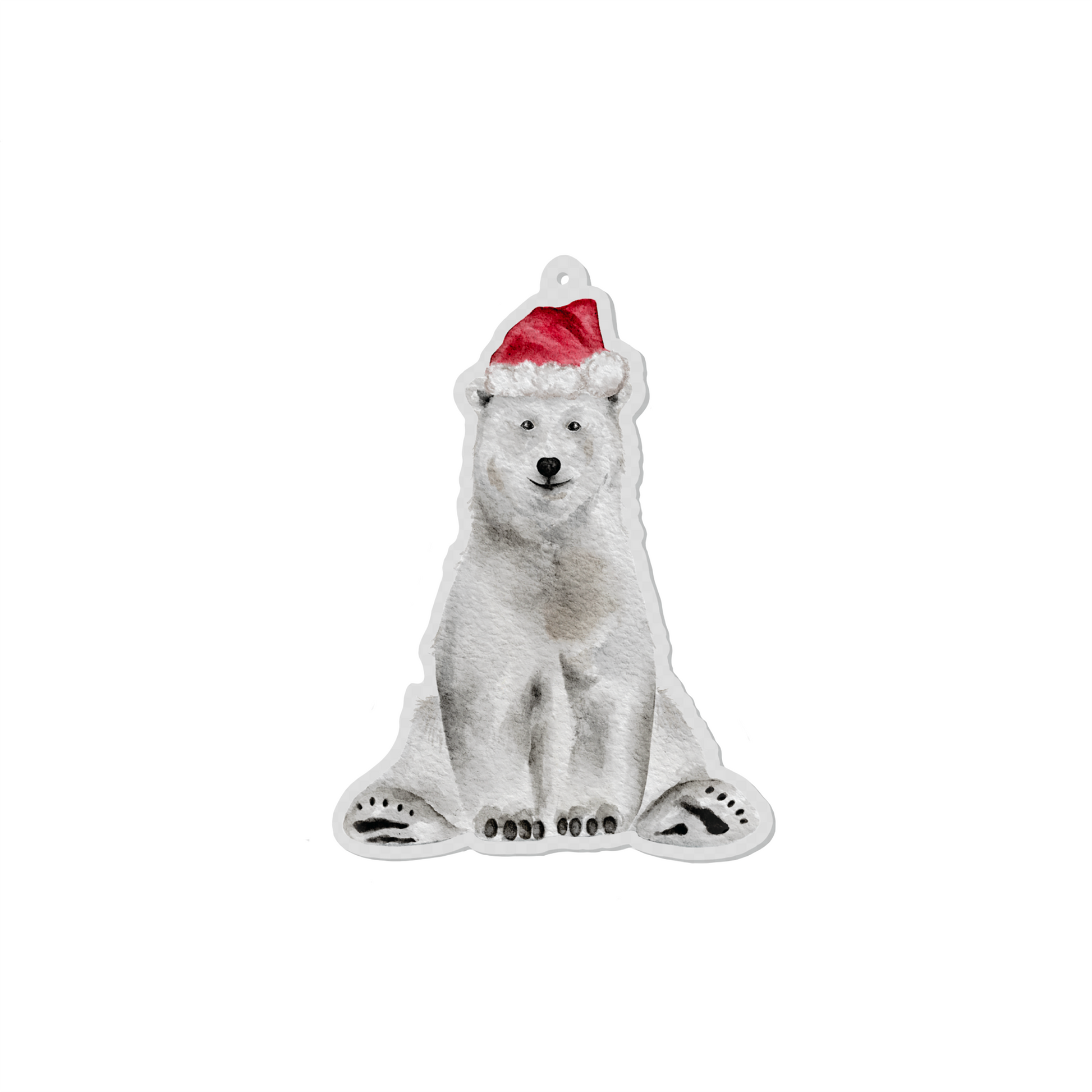 Acrylic ornament of a holiday polar bear wearing a Santa hat
