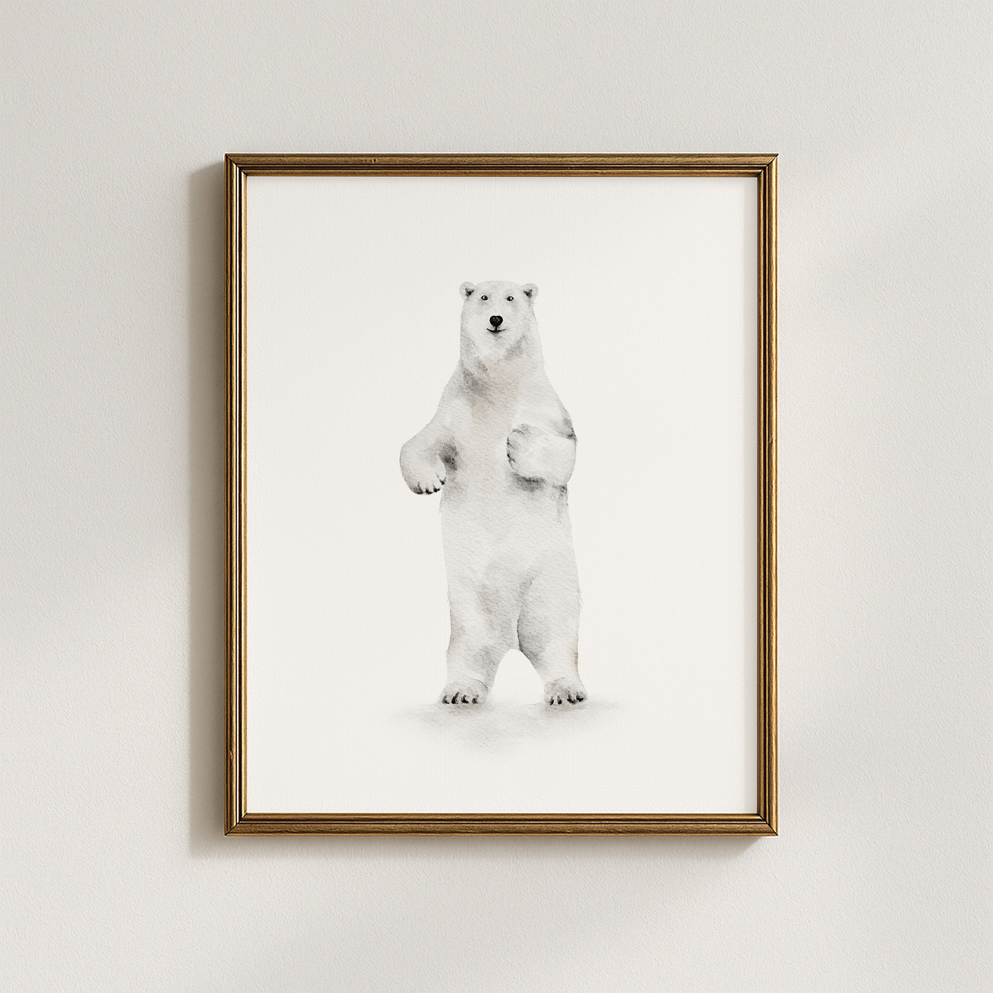 Framed artwork of a standing polar bear on a white background