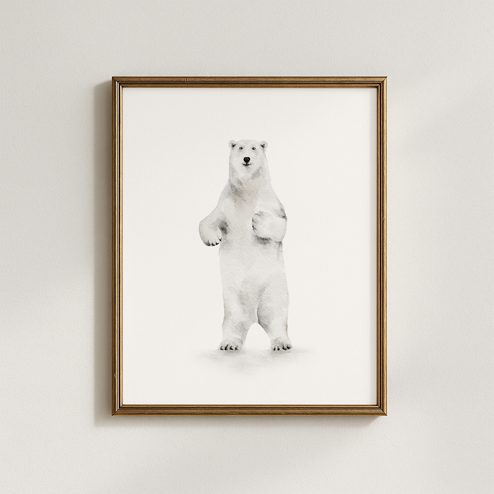 Framed artwork of a standing polar bear on a white background