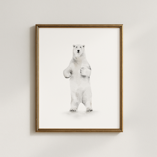 Framed artwork of a standing polar bear on a white background