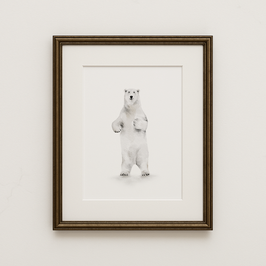 Framed artwork of a polar bear on a white wall