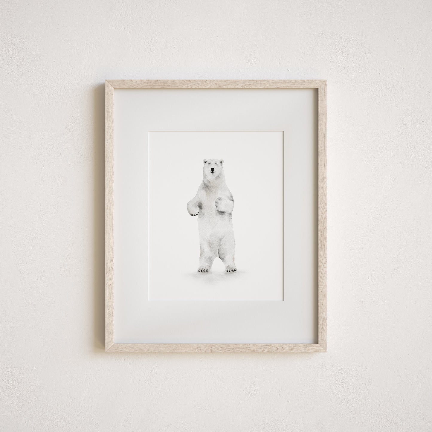 Watercolor art print of a standing polar bear on a white background
