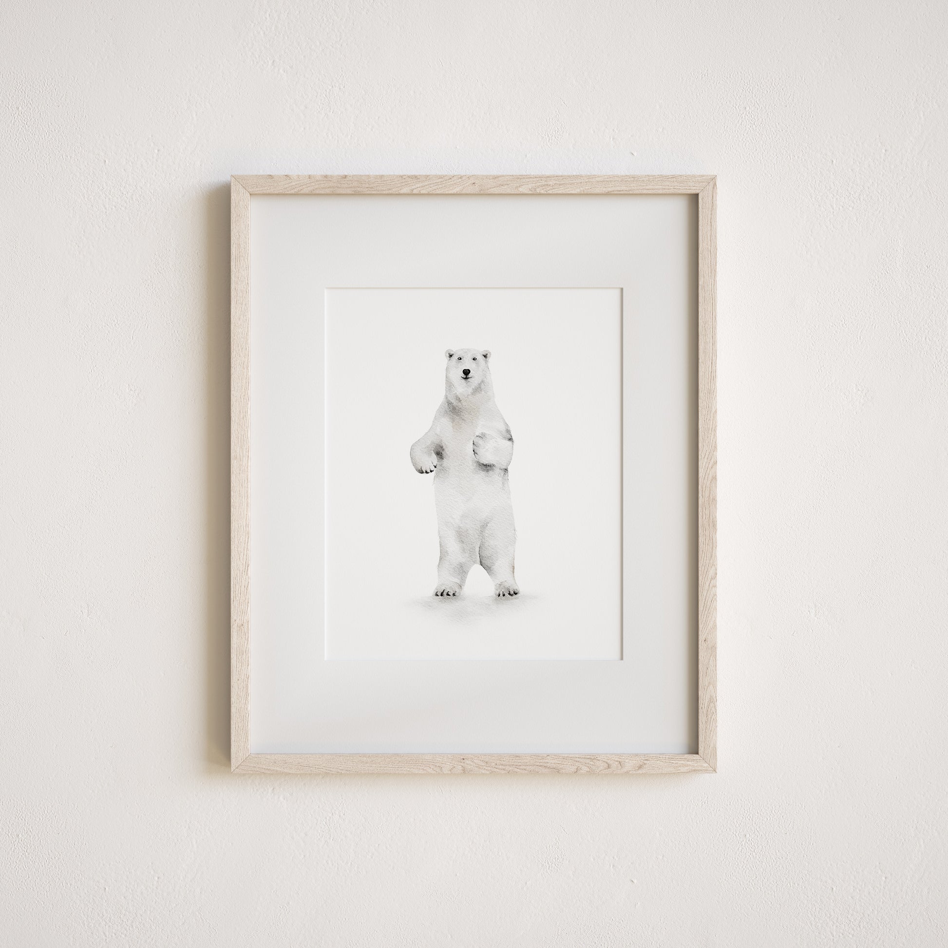 Watercolor art print of a standing polar bear on a white background