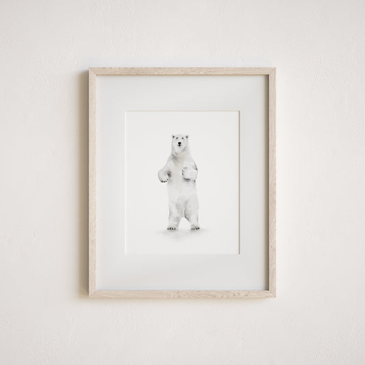 Watercolor art print of a standing polar bear on a white background