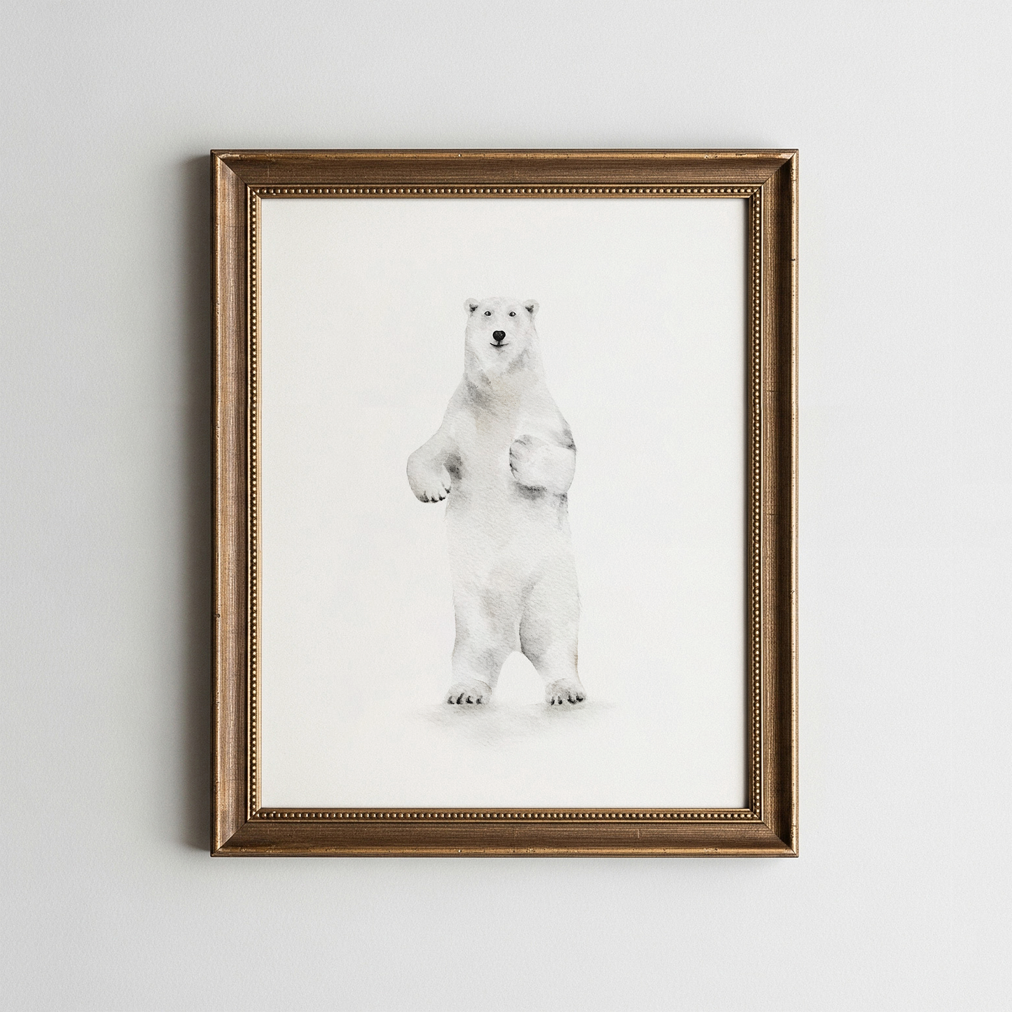 Framed artwork of a polar bear on a light gray background