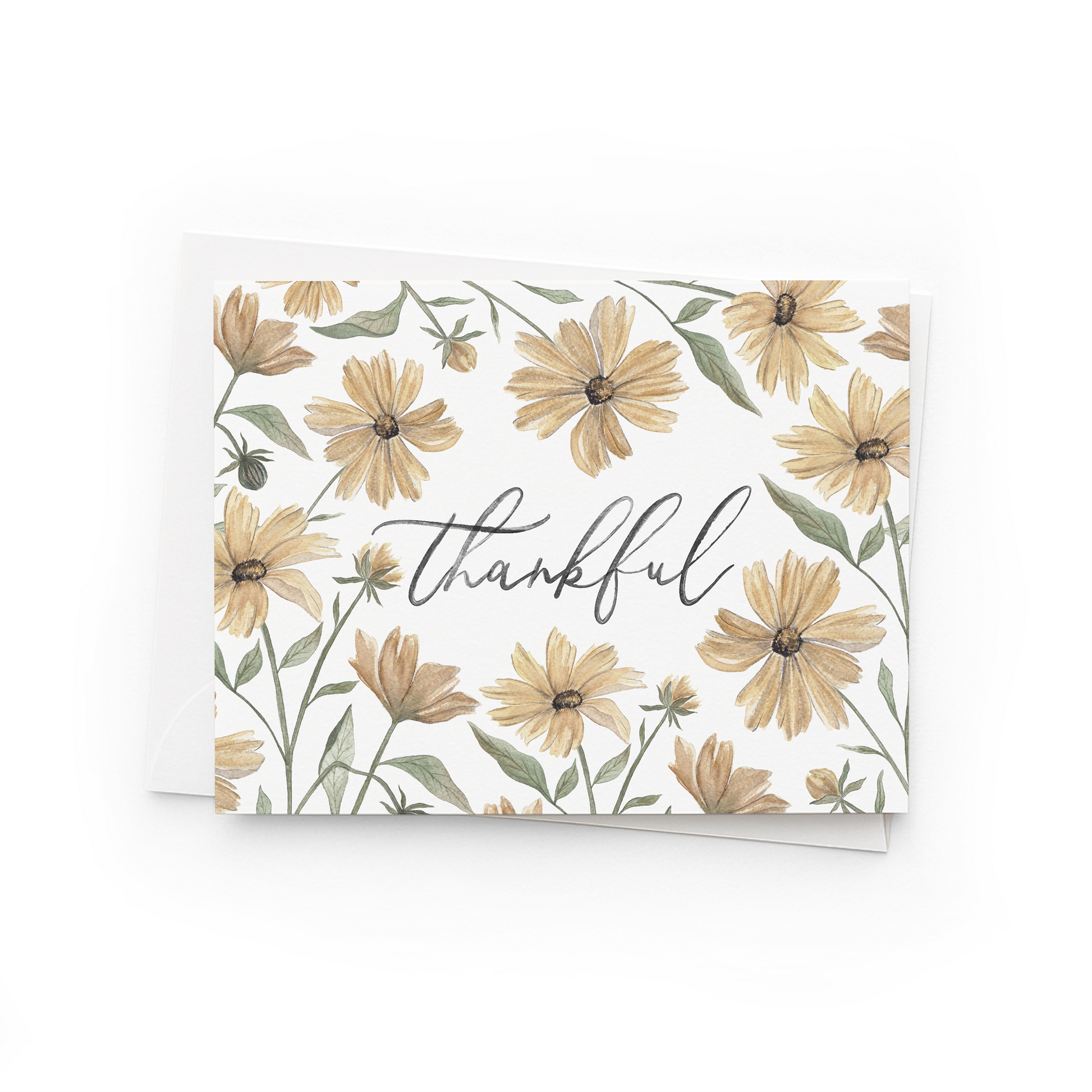 Greeting card with floral design and 'thankful' text on a white background