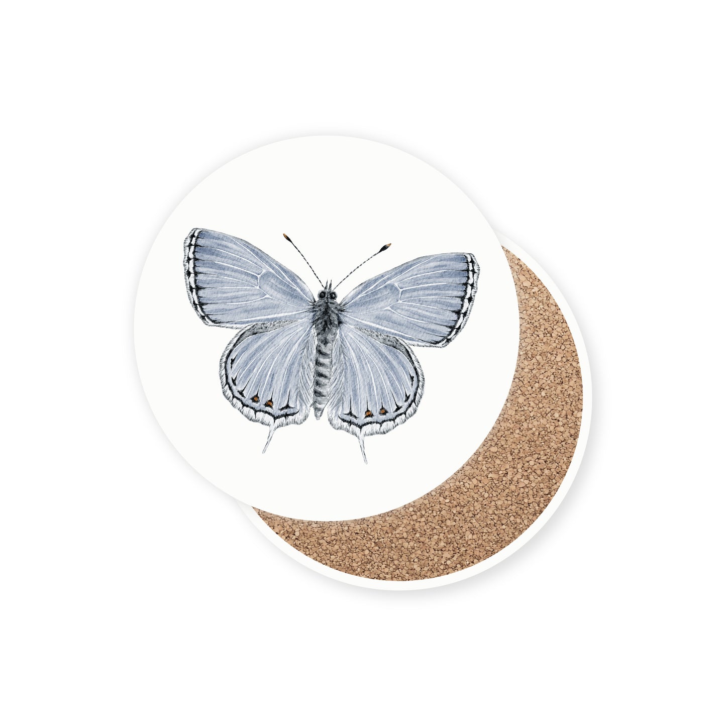 Set of 4 round stone ceramic coasters featuring a watercolor butterfly illustration on a white background