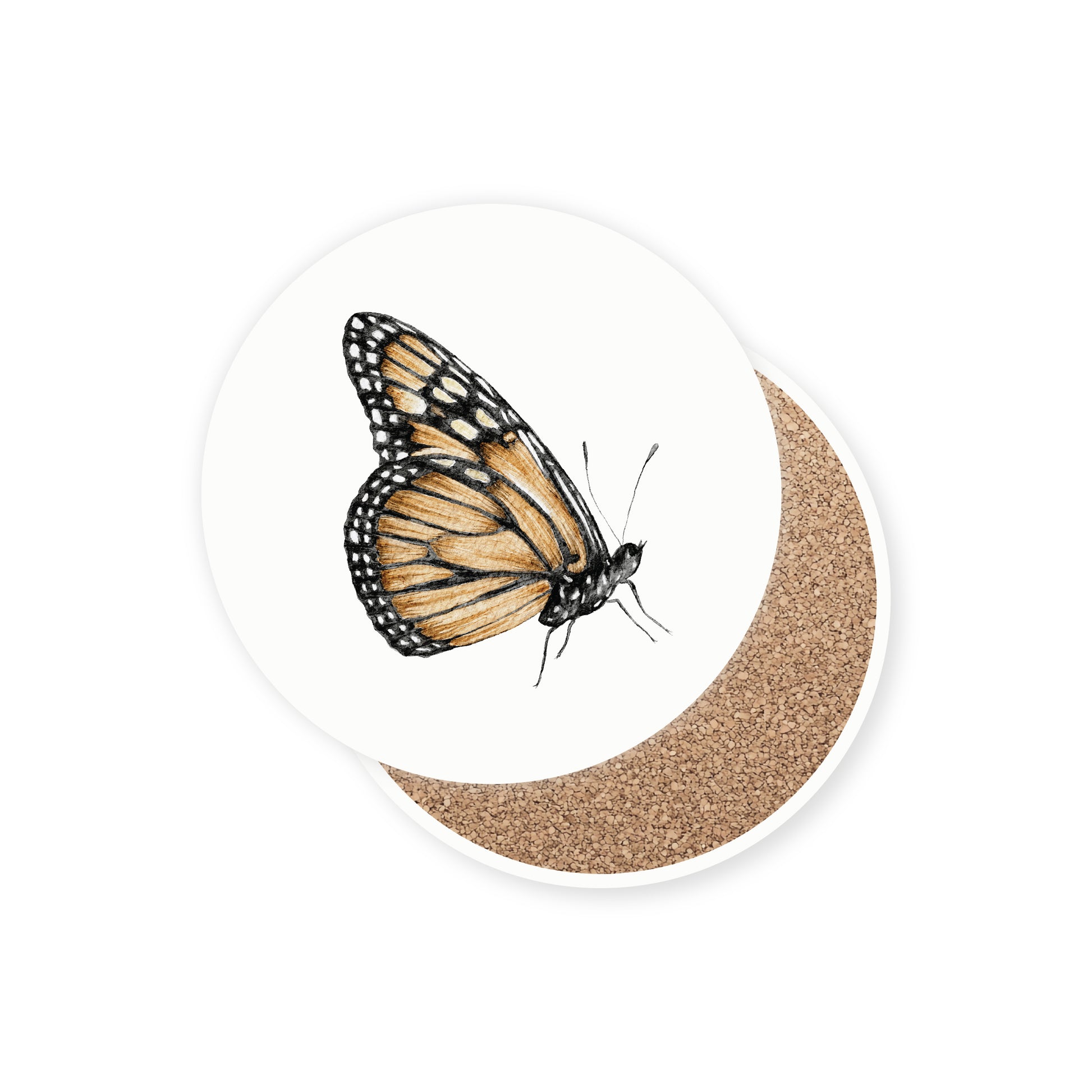 Set of 4 round stone ceramic coasters featuring a watercolor butterfly illustration on a white background